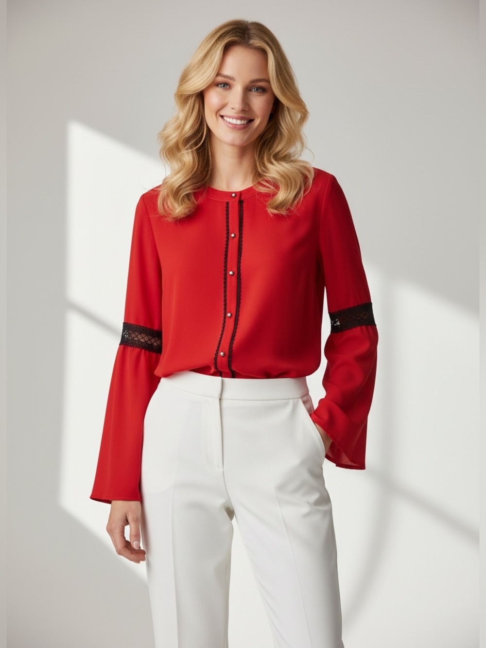 Karl Lagerfeld Red Bell Sleeve Blouse